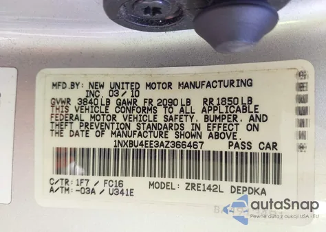 2010 Toyota Corolla Le z USA, uszkodzony, nr VIN 1NXBU4EE3AZ366467